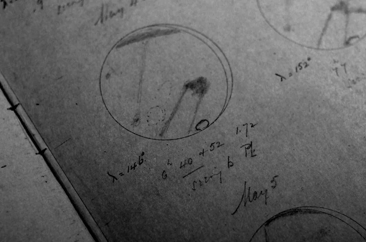 Observation notes of Mars by Percival Lowell (PL) himself using the famous 26-inch Clark telescope